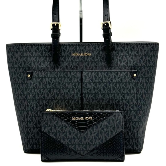Michael Kors Jet Set Medium Pocket Tote Bag & Double Zip Wallet Black Multi - Picture 1 of 13